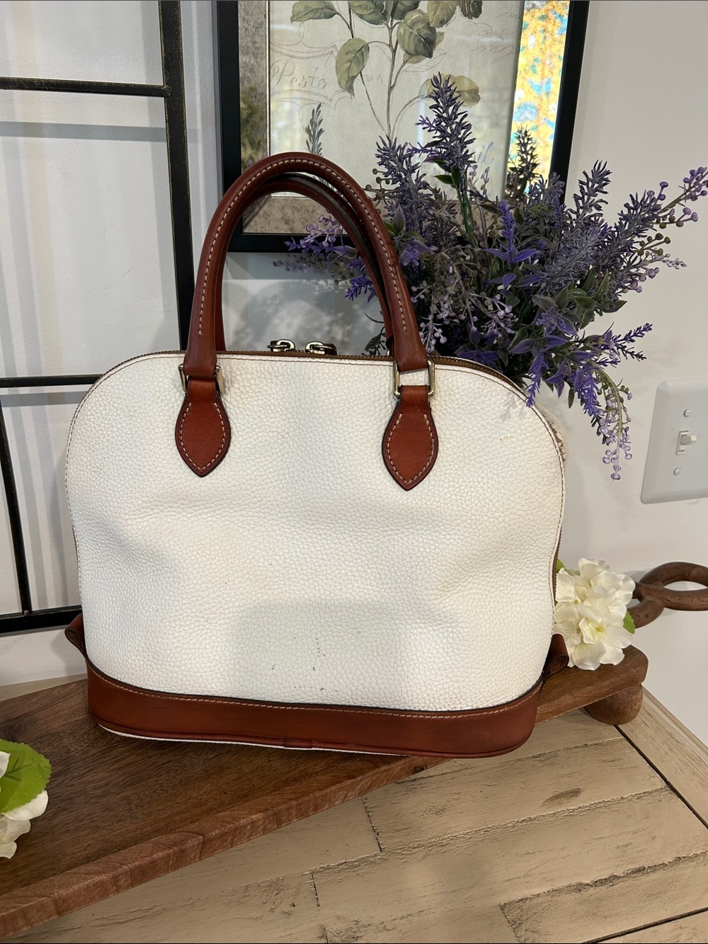Dooney & Bourke White Pebble Leather Satchel with Brown Trim and Handles - Picture 2 of 5